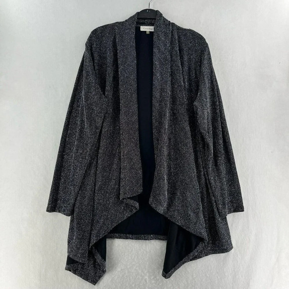 Calvin Klein Cardigan Womens L Metallic Black Herringbone Open Waterfall Sweater - Picture 1 of 13